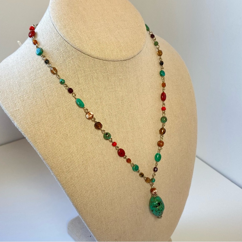 Vintage Napier Retro Faux Turquoise Pendant Beaded Stone Station Y Drop Necklace - Picture 6 of 9
